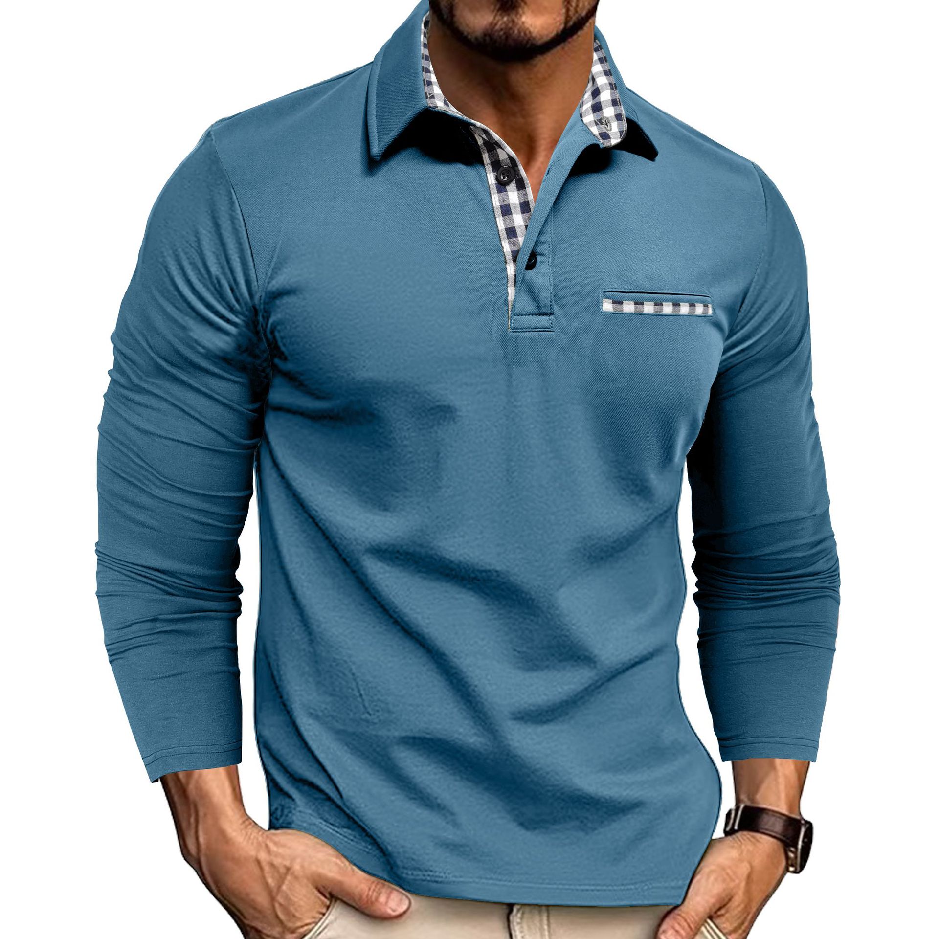Polo à carreaux décontracté avec revers, couleur unie, manches longues, vêtements pour hommes