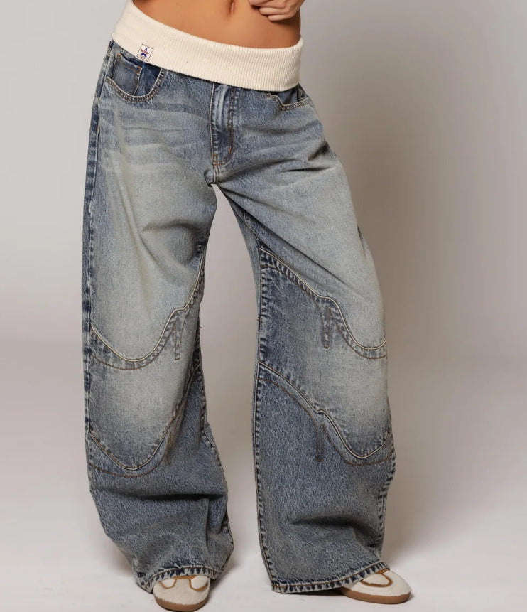 Jean ample à jambes droites avec poches, pantalon décontracté et tendance, style streetwear, vêtements pour femmes