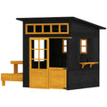Cabane de jeux extérieure en bois pour enfants de 3 à 8 ans, avec table de pique-nique, bancs, tableaux noirs, demi-porte et fenêtres.