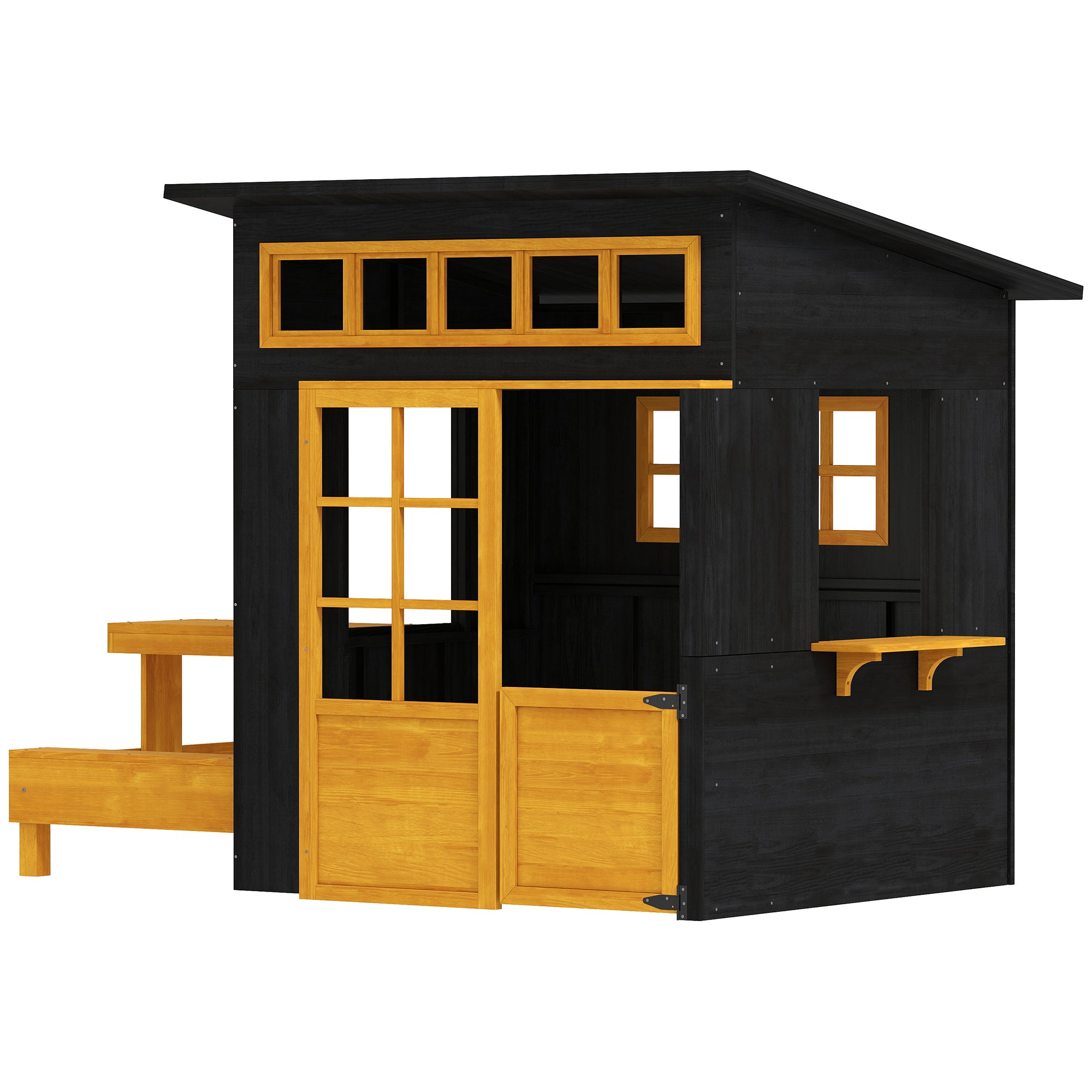 Cabane de jeux extérieure en bois pour enfants de 3 à 8 ans, avec table de pique-nique, bancs, tableaux noirs, demi-porte et fenêtres.