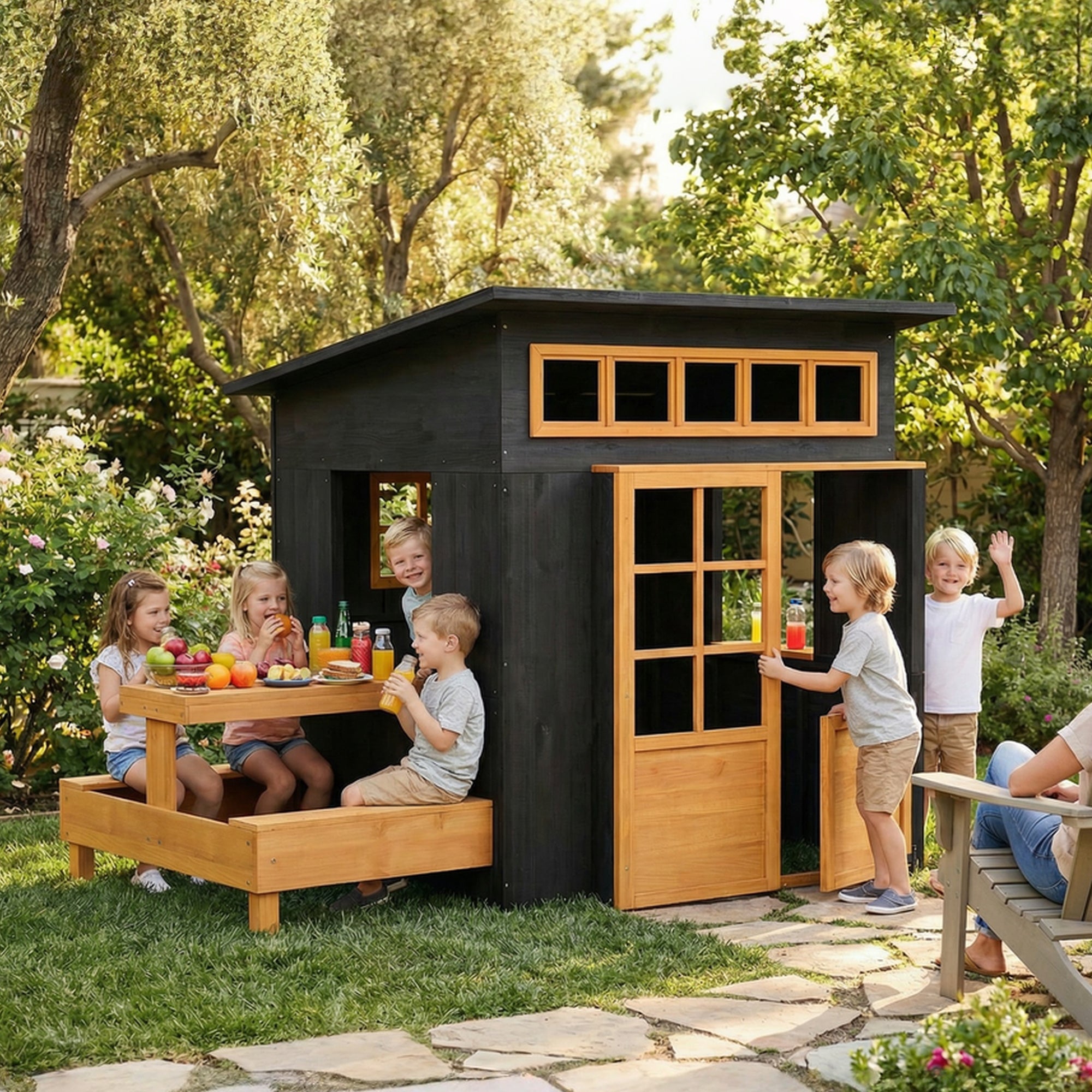 Cabane de jeux extérieure en bois pour enfants de 3 à 8 ans, avec table de pique-nique, bancs, tableaux noirs, demi-porte et fenêtres.