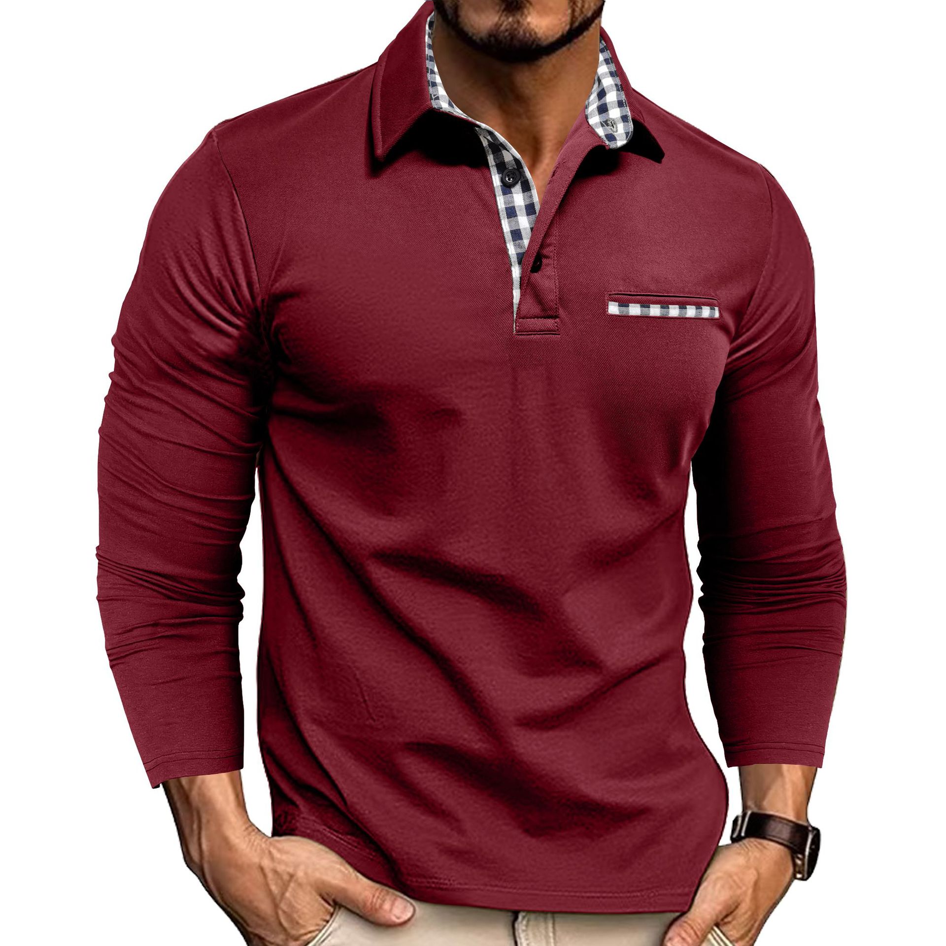 Polo à carreaux décontracté avec revers, couleur unie, manches longues, vêtements pour hommes