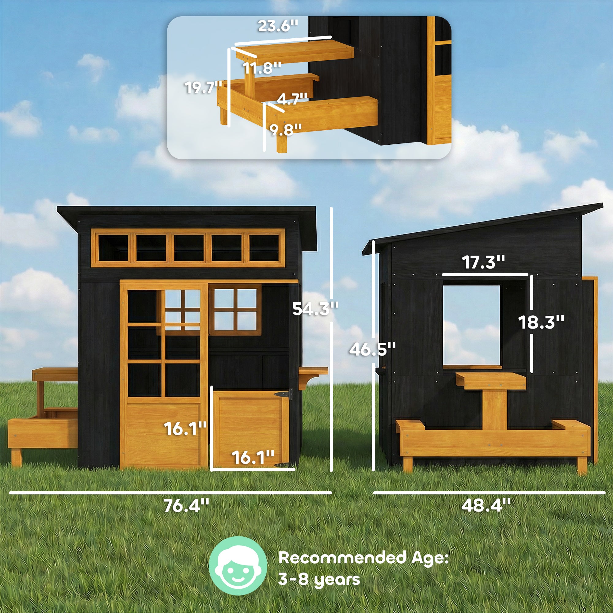 Cabane de jeux extérieure en bois pour enfants de 3 à 8 ans, avec table de pique-nique, bancs, tableaux noirs, demi-porte et fenêtres.