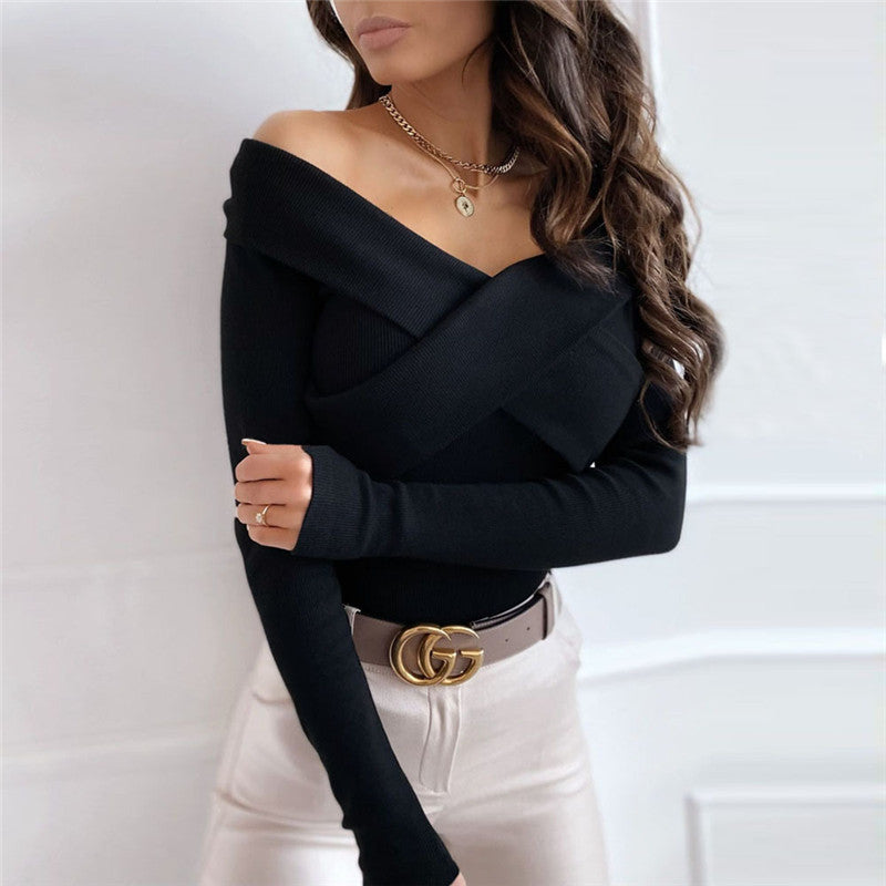 Pull sexy à double col en V, manches courtes et longues, chemise à manches longues
