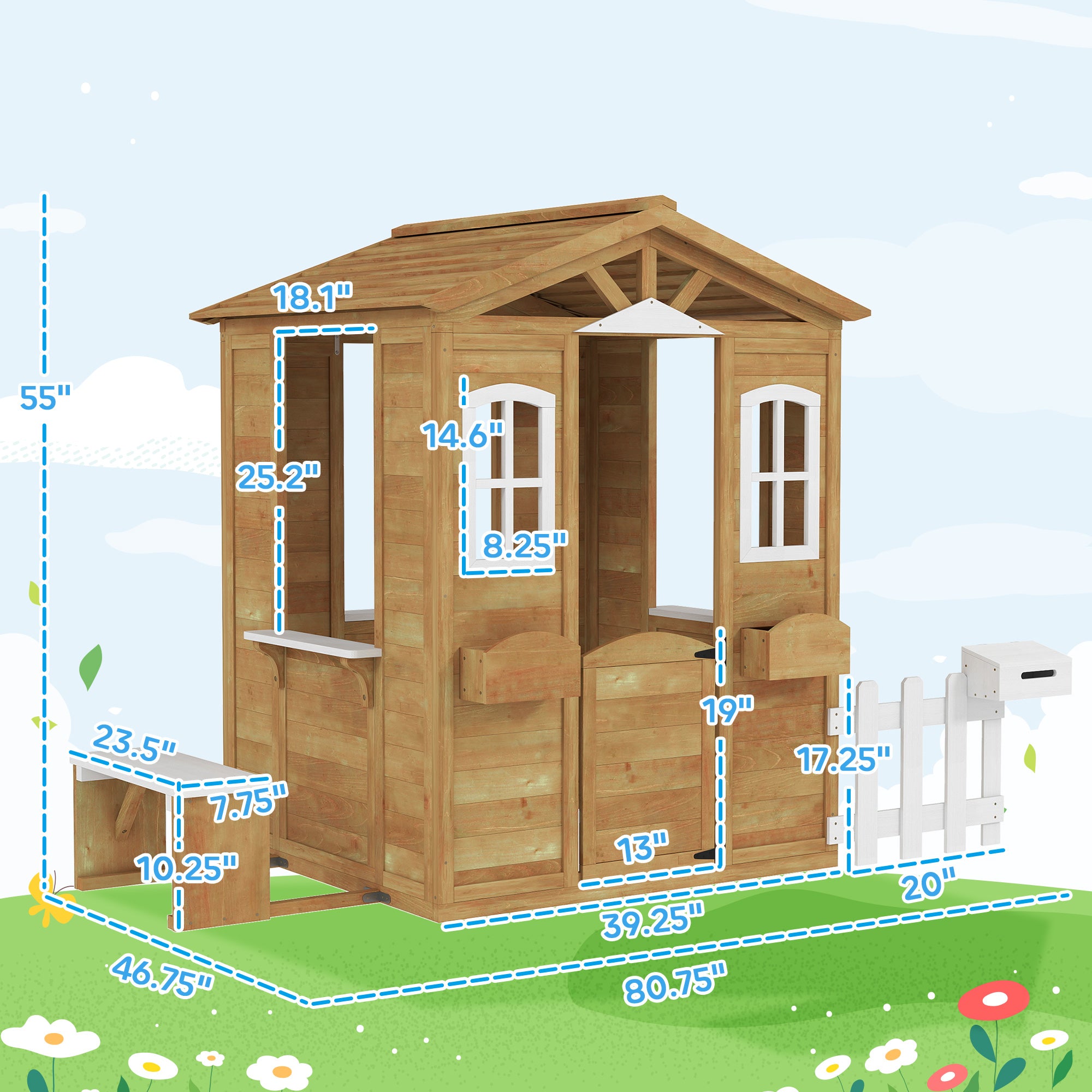 Cabane de jardin en bois naturel pour enfants de 3 à 6 ans, avec portes, fenêtres et boîte aux lettres fonctionnelles.
