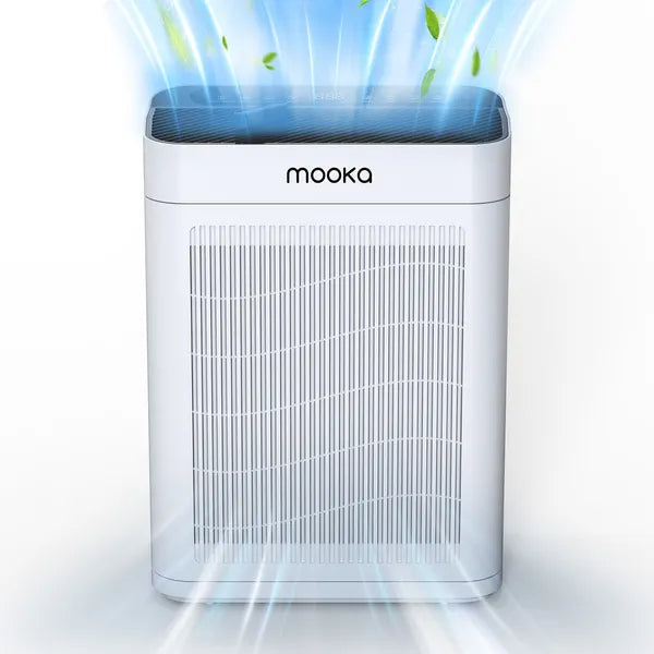 Purificateur d'air MOOKA TM06 blanc pour grandes pièces (jusqu'à 204 m²) avec animaux domestiques, filtre HEPA véritable H13, parfumé, idéal pour la chambre à coucher, élimine la fumée des feux de forêt, la poussière des animaux, le pollen et les odeurs.