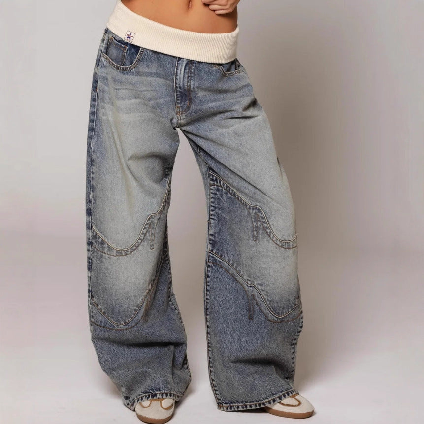Jean ample à jambes droites avec poches, pantalon décontracté et tendance, style streetwear, vêtements pour femmes