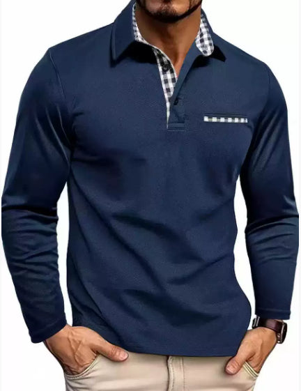 Polo à carreaux décontracté avec revers, couleur unie, manches longues, vêtements pour hommes