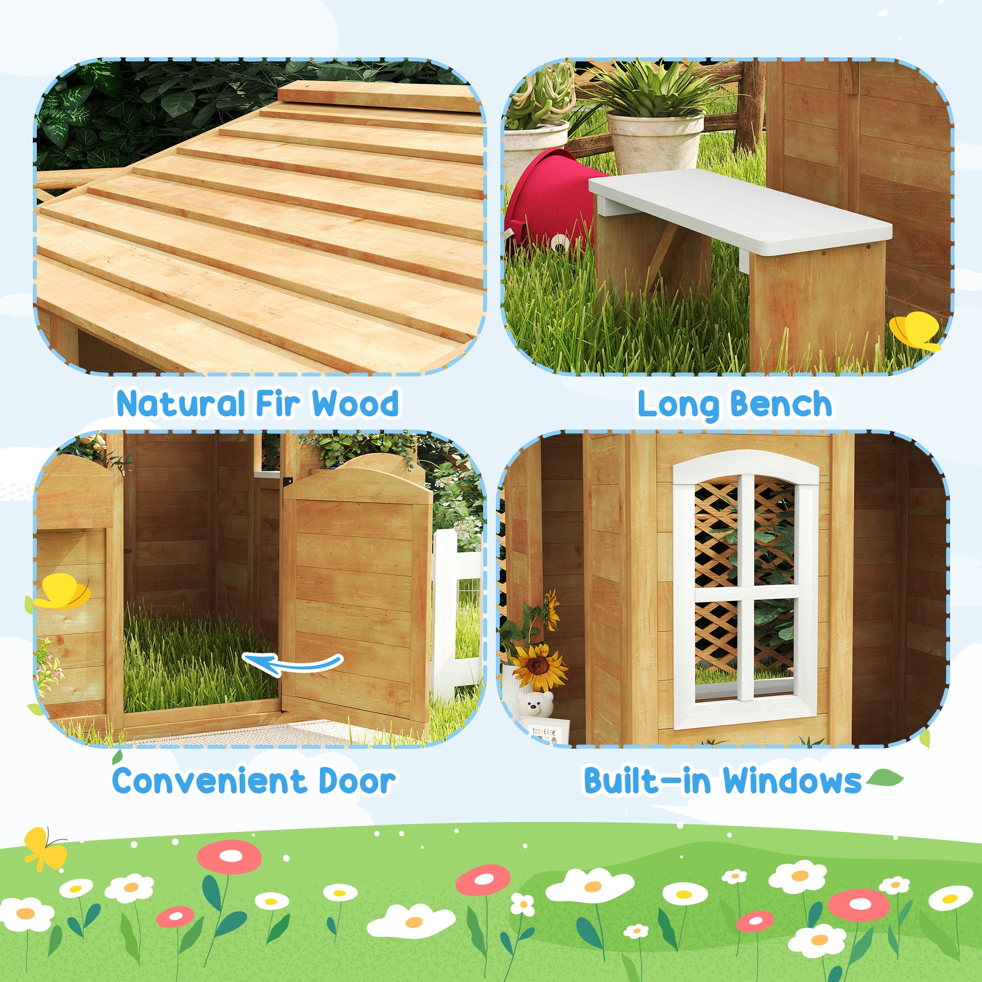 Cabane de jardin en bois naturel pour enfants de 3 à 6 ans, avec portes, fenêtres et boîte aux lettres fonctionnelles.