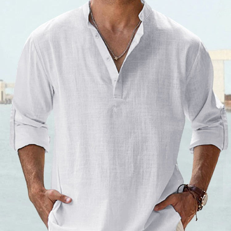 Chemise décontractée pour homme en coton et lin, coupe ample, manches longues, idéale pour le printemps et l'automne.