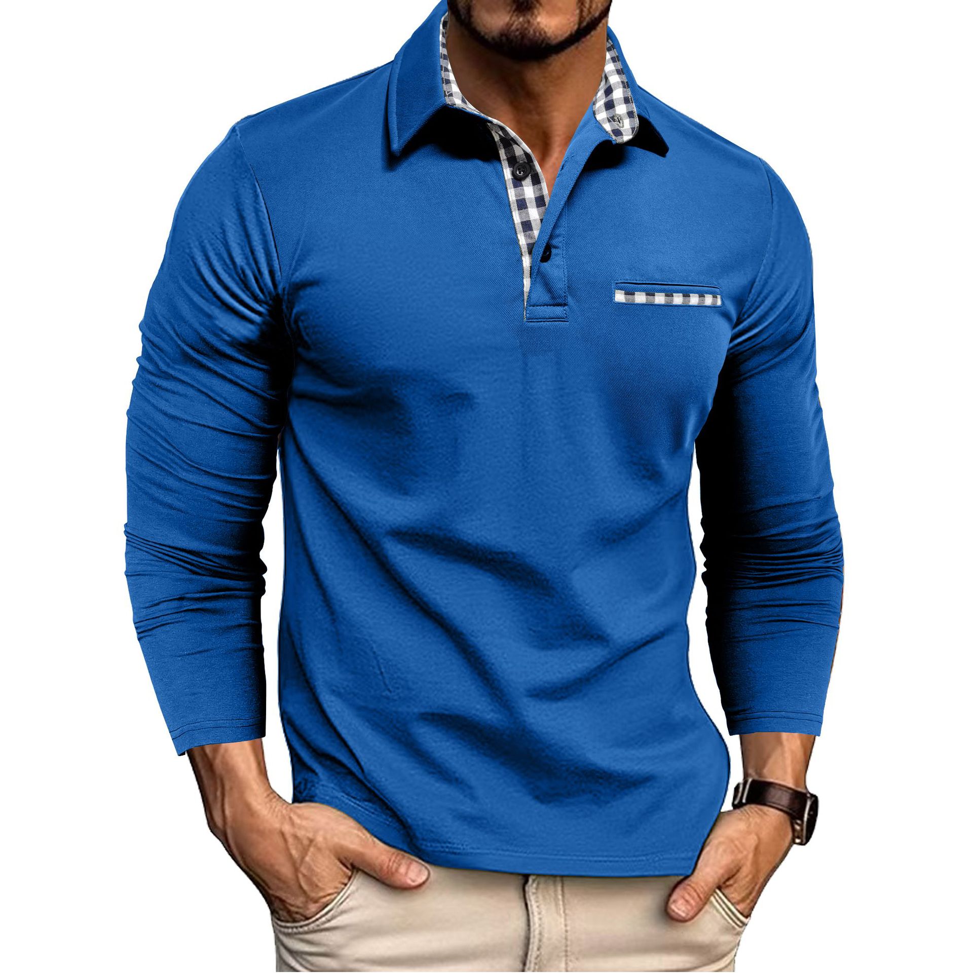 Polo à carreaux décontracté avec revers, couleur unie, manches longues, vêtements pour hommes