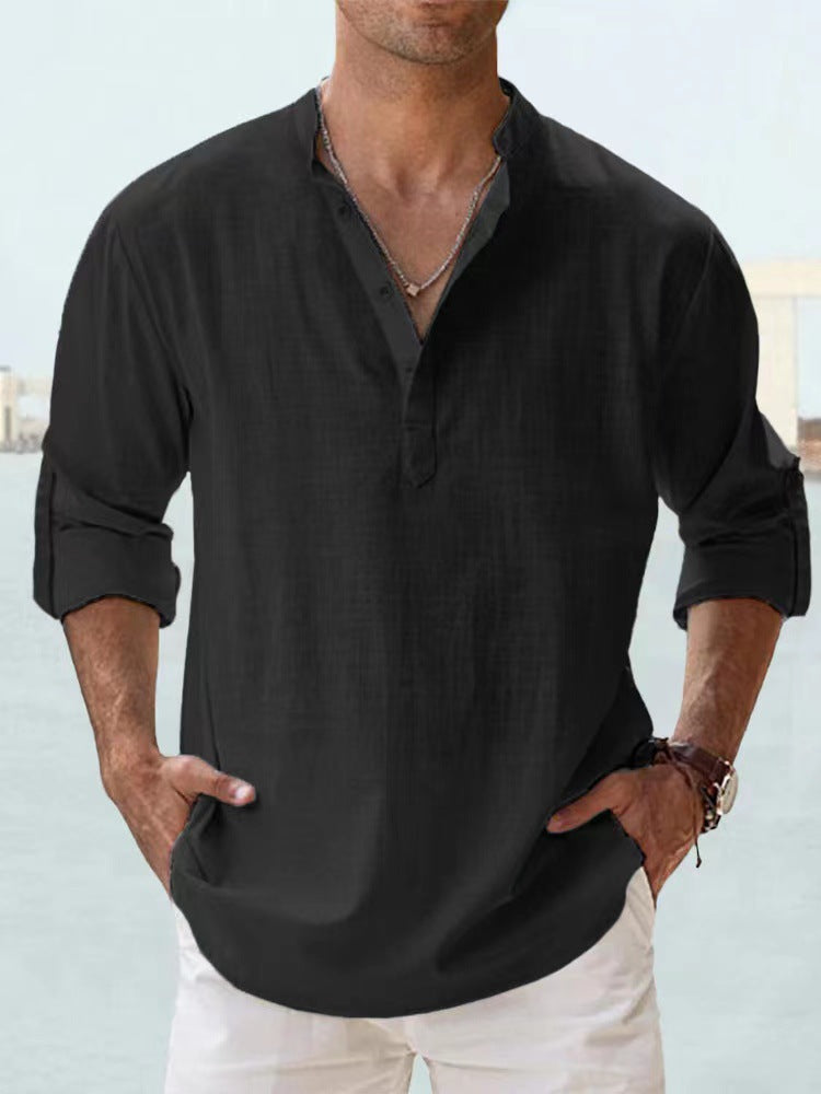 Chemise décontractée pour homme en coton et lin, coupe ample, manches longues, idéale pour le printemps et l'automne.
