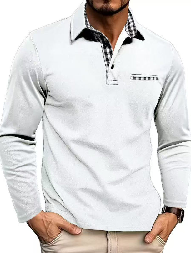 Polo à carreaux décontracté avec revers, couleur unie, manches longues, vêtements pour hommes