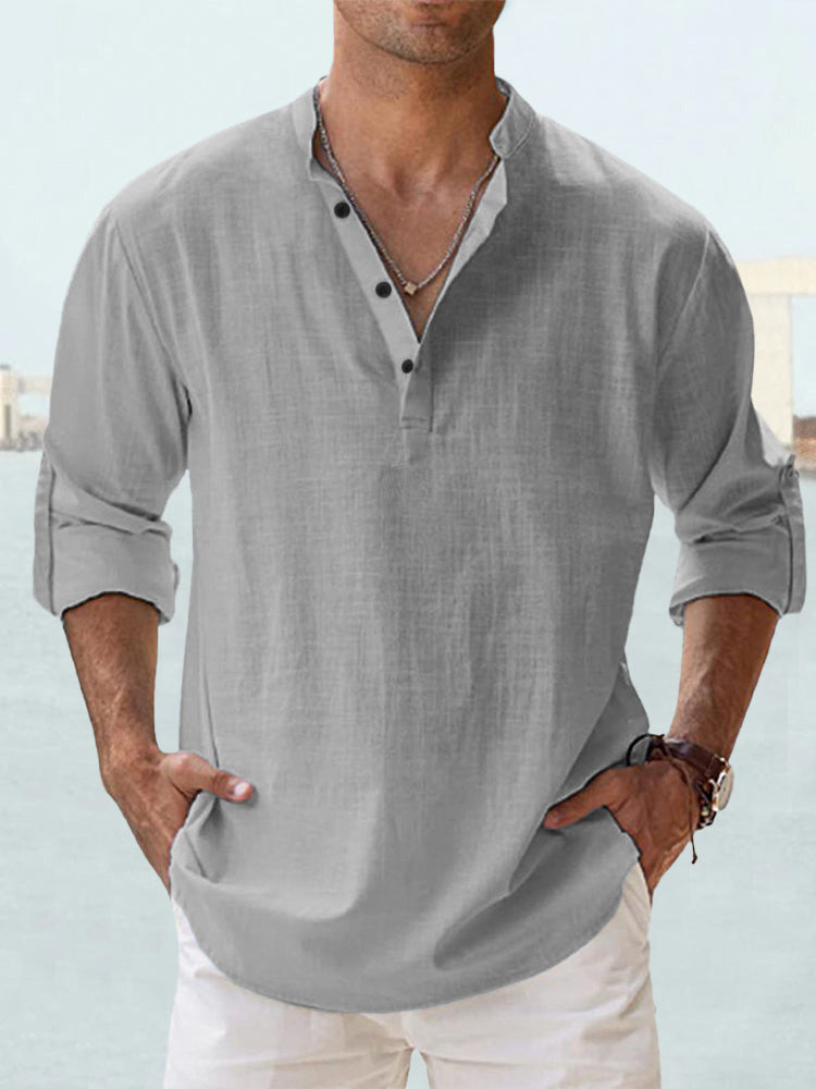 Chemise décontractée pour homme en coton et lin, coupe ample, manches longues, idéale pour le printemps et l'automne.