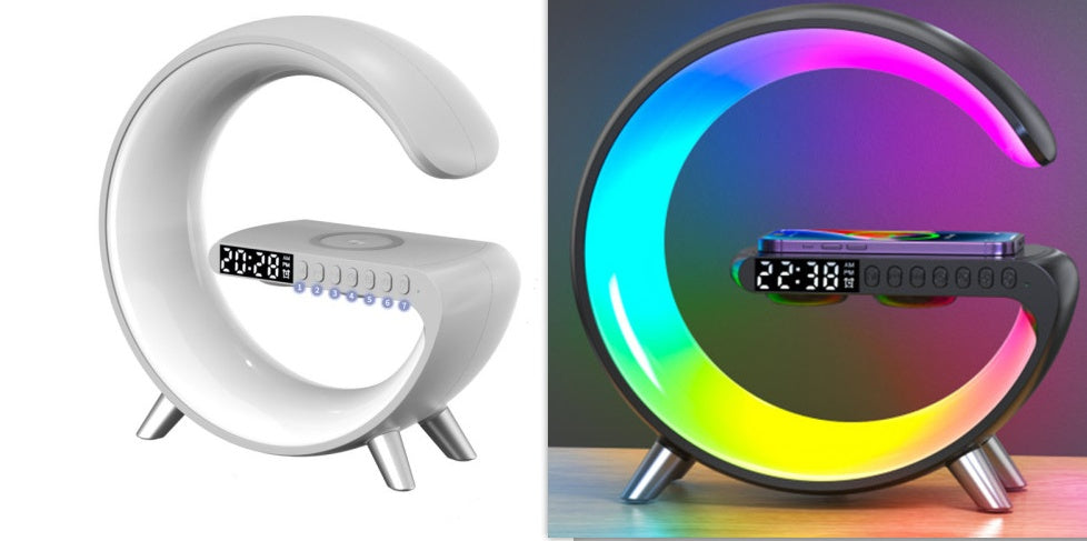 Nouvelle lampe LED intelligente en forme de G avec haut-parleur Bluetooth, chargeur sans fil et application de contrôle pour la décoration de la chambre et de la maison.