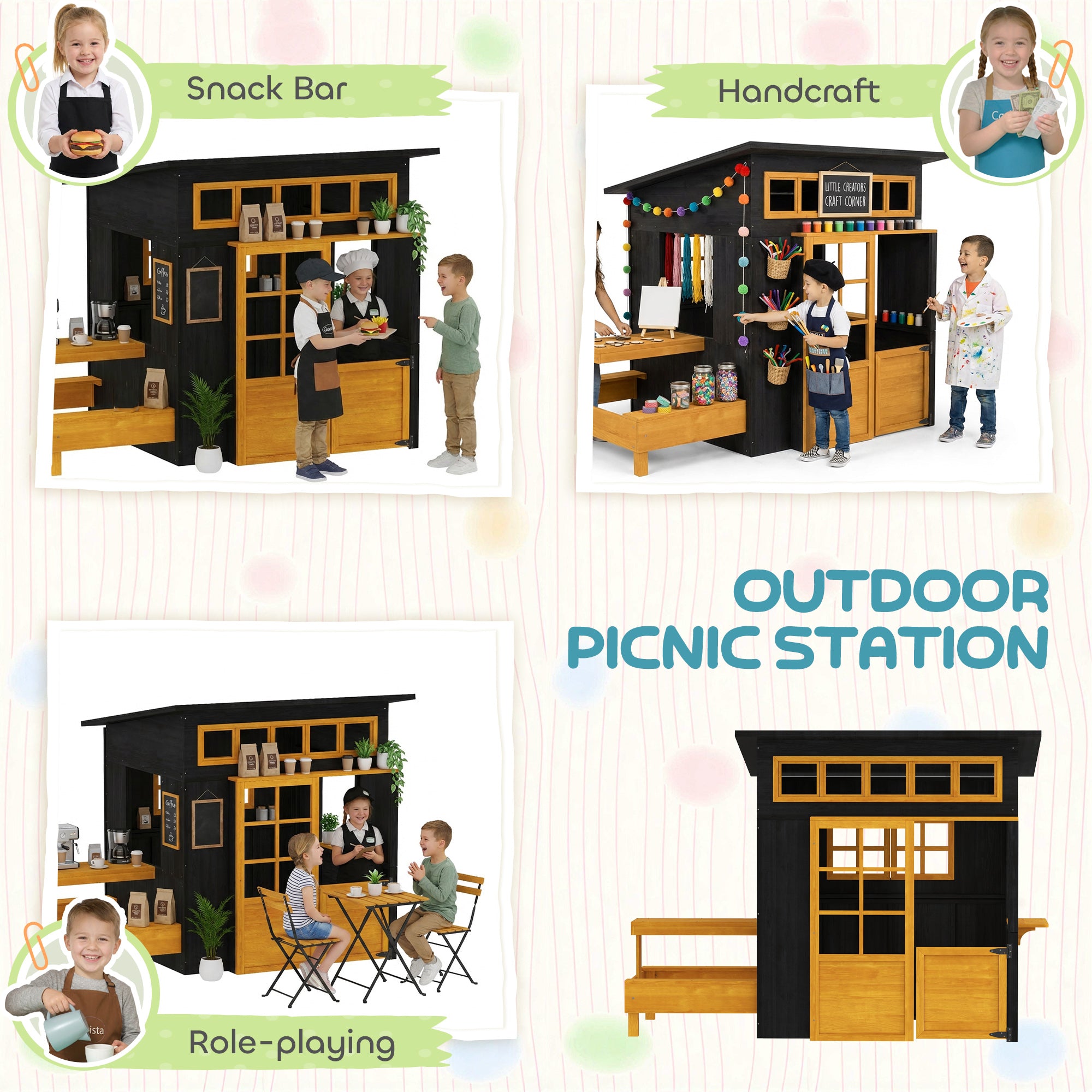 Cabane de jeux extérieure en bois pour enfants de 3 à 8 ans, avec table de pique-nique, bancs, tableaux noirs, demi-porte et fenêtres.