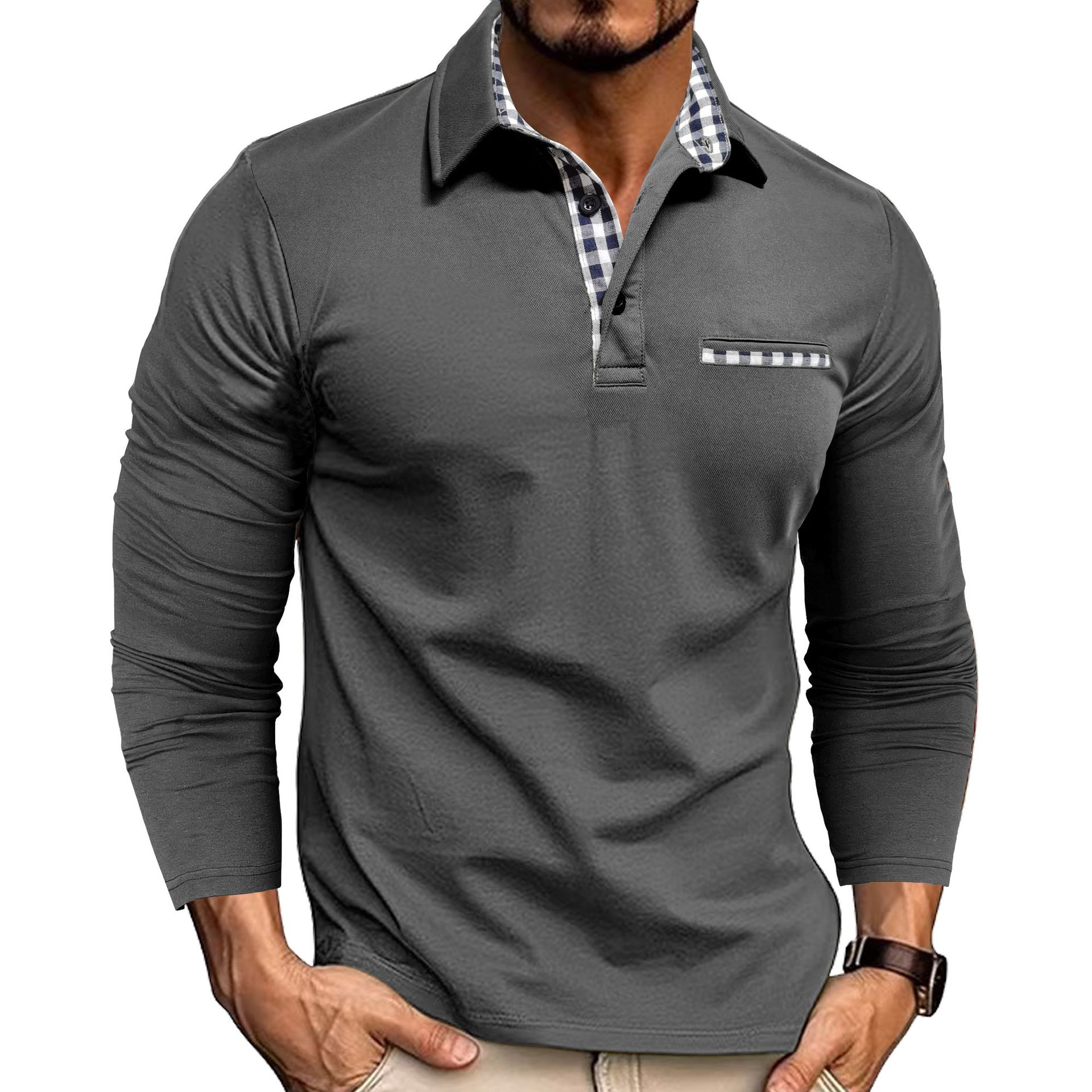 Polo à carreaux décontracté avec revers, couleur unie, manches longues, vêtements pour hommes