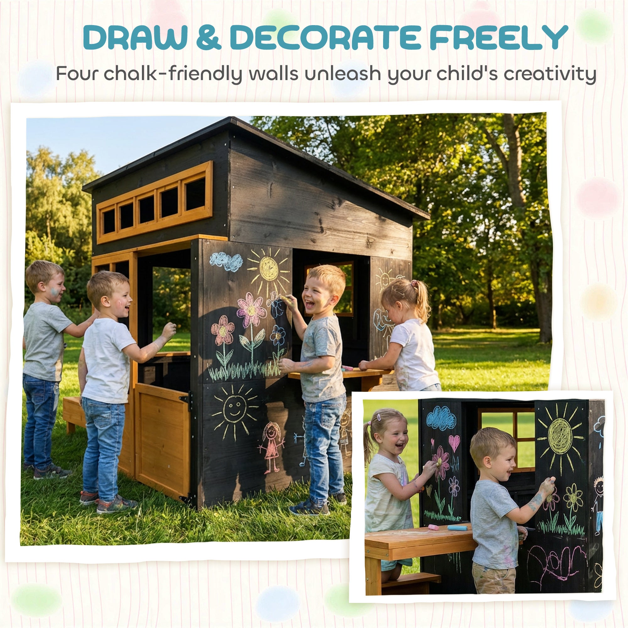 Cabane de jeux extérieure en bois pour enfants de 3 à 8 ans, avec table de pique-nique, bancs, tableaux noirs, demi-porte et fenêtres.