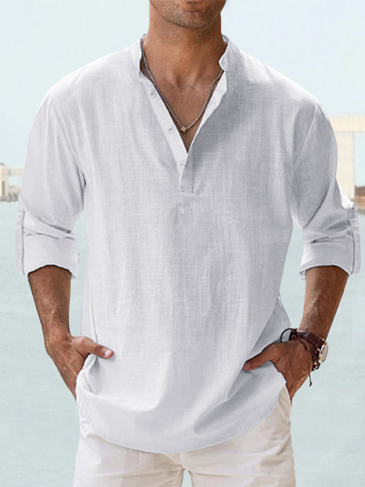 Chemise décontractée pour homme en coton et lin, coupe ample, manches longues, idéale pour le printemps et l'automne.