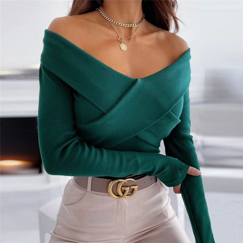 Pull sexy à double col en V, manches courtes et longues, chemise à manches longues