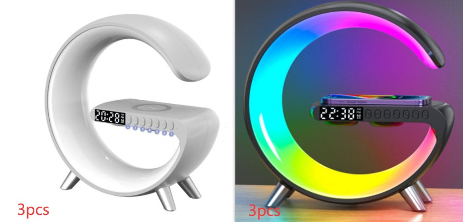 Nouvelle lampe LED intelligente en forme de G avec haut-parleur Bluetooth, chargeur sans fil et application de contrôle pour la décoration de la chambre et de la maison.