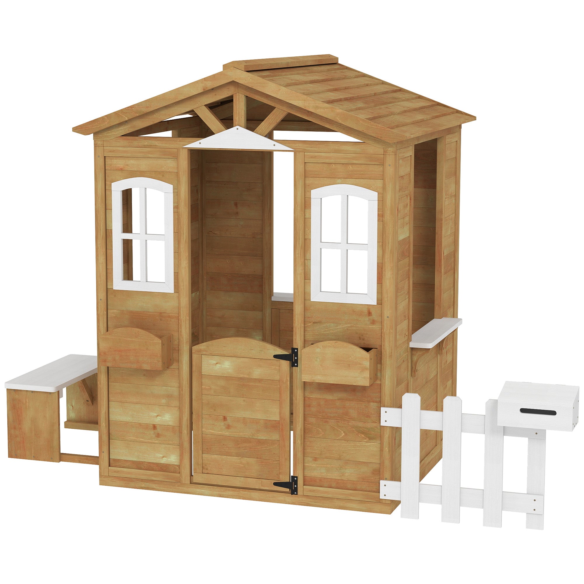 Cabane de jardin en bois naturel pour enfants de 3 à 6 ans, avec portes, fenêtres et boîte aux lettres fonctionnelles.