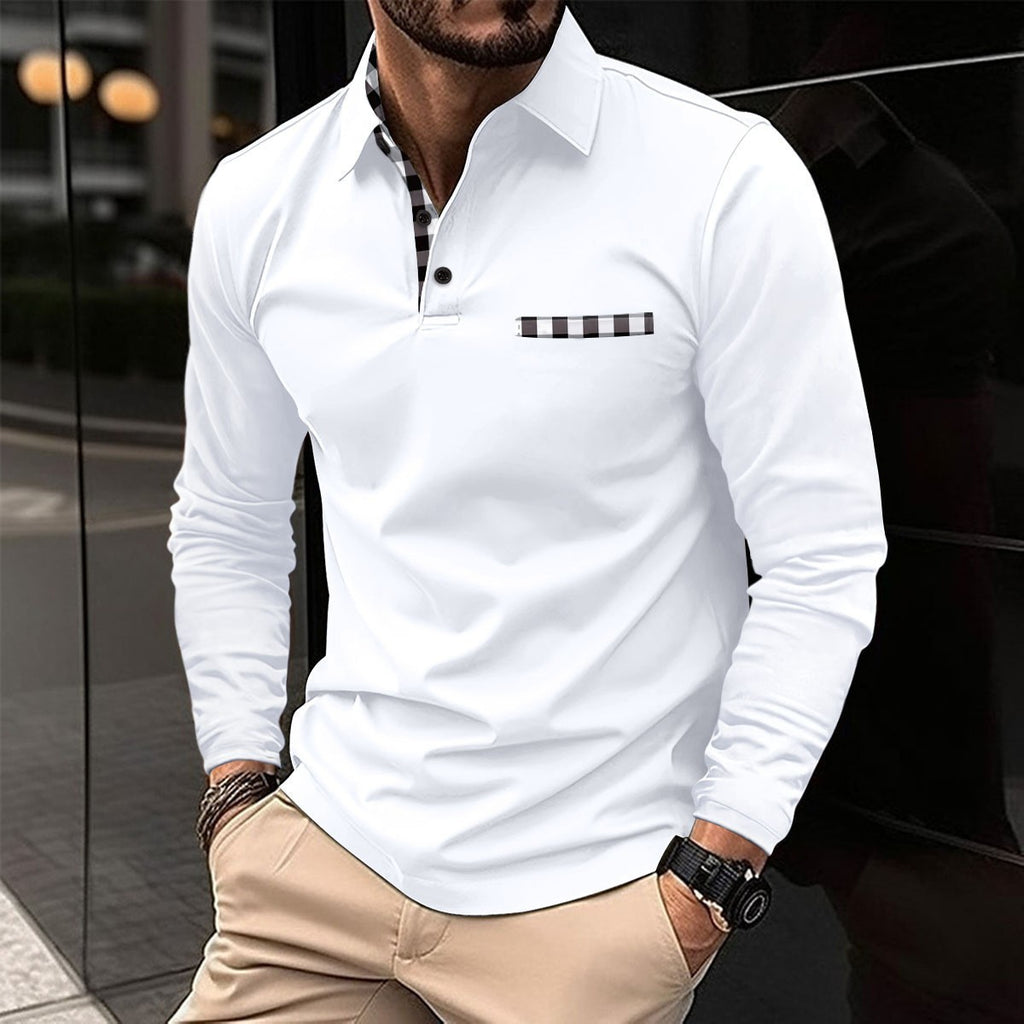 Polo à carreaux décontracté avec revers, couleur unie, manches longues, vêtements pour hommes