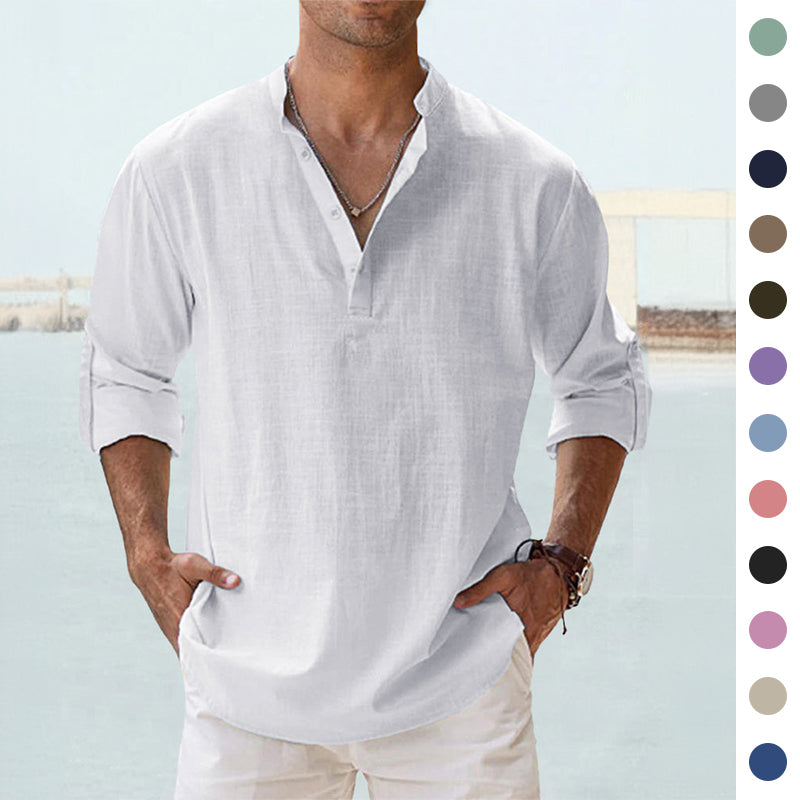 Chemise décontractée pour homme en coton et lin, coupe ample, manches longues, idéale pour le printemps et l'automne.