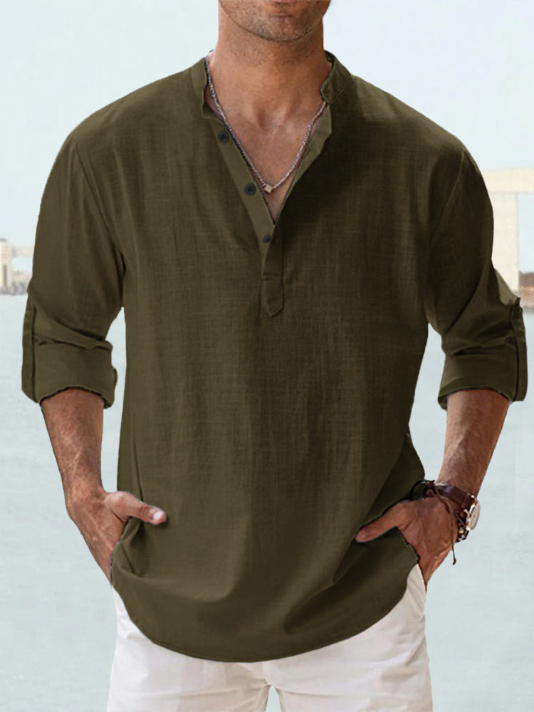 Chemise décontractée pour homme en coton et lin, coupe ample, manches longues, idéale pour le printemps et l'automne.