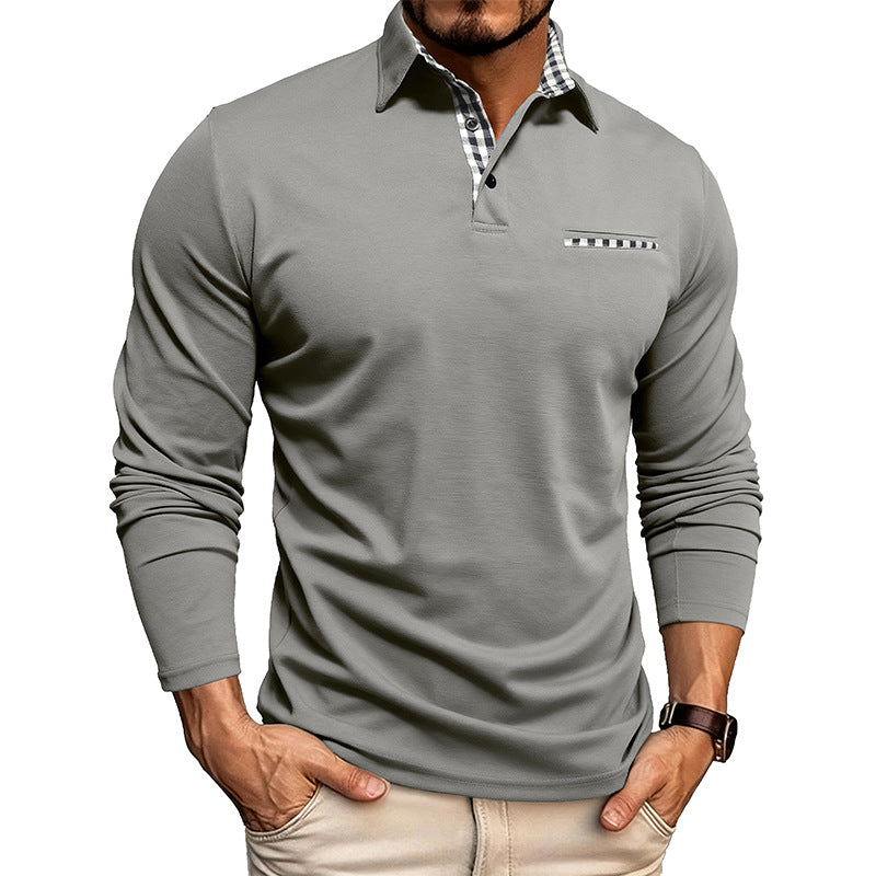 Polo à carreaux décontracté avec revers, couleur unie, manches longues, vêtements pour hommes