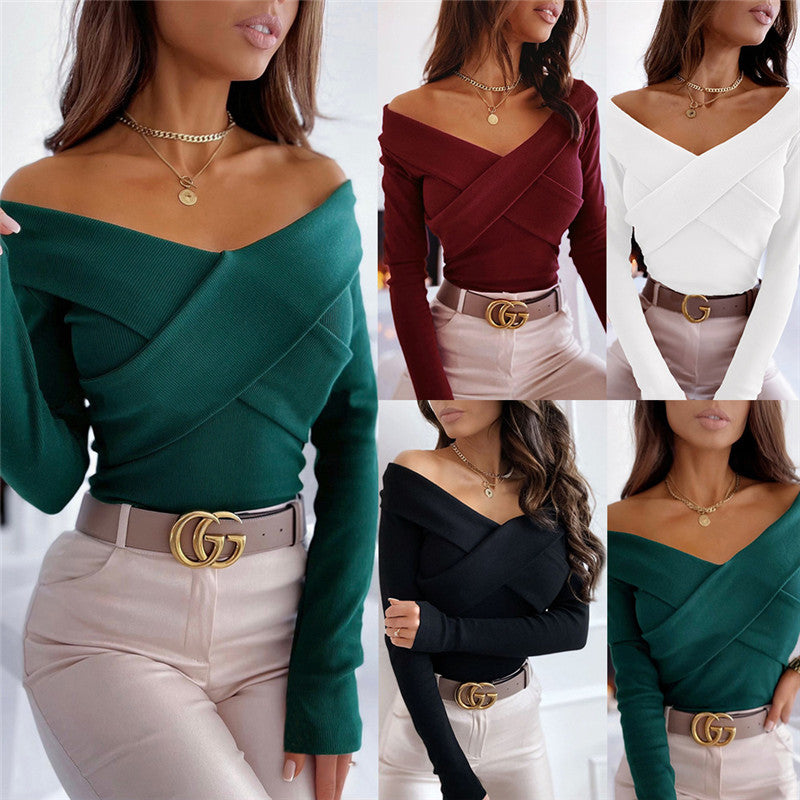Pull sexy à double col en V, manches courtes et longues, chemise à manches longues