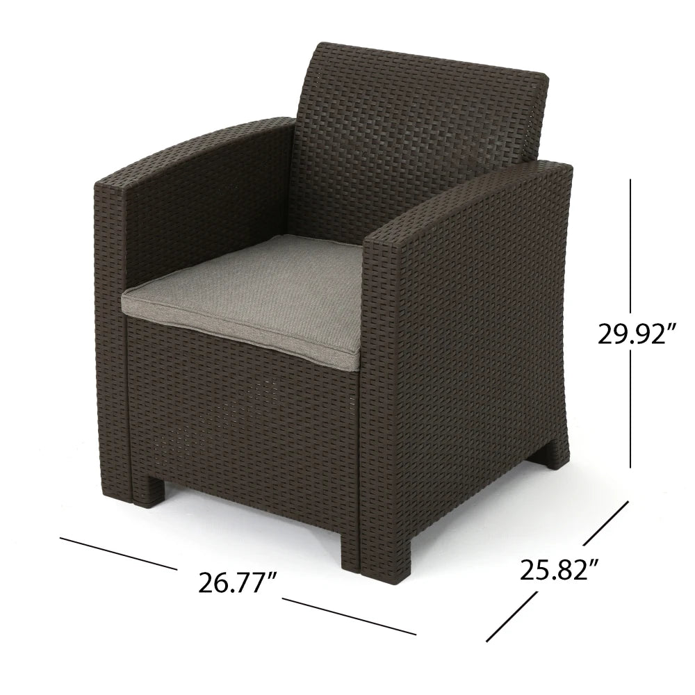 Fauteuils club d'extérieur en imitation osier marron avec coussins beiges résistants à l'eau