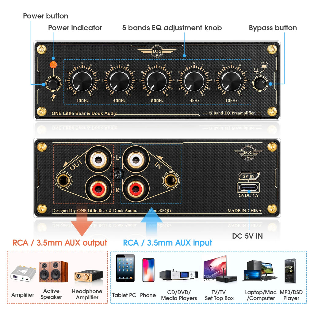Préamplificateur audio stéréo Nobsound EQ5 2.0 canaux, micro-égaliseur analogique 5 bandes, processeur audio pour la maison ou la voiture