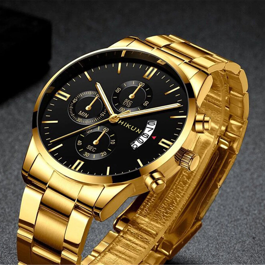 Montre homme de luxe en acier inoxydable noir à quartz, montre-bracelet pour homme d'affaires avec calendrier, Reloj Hombre