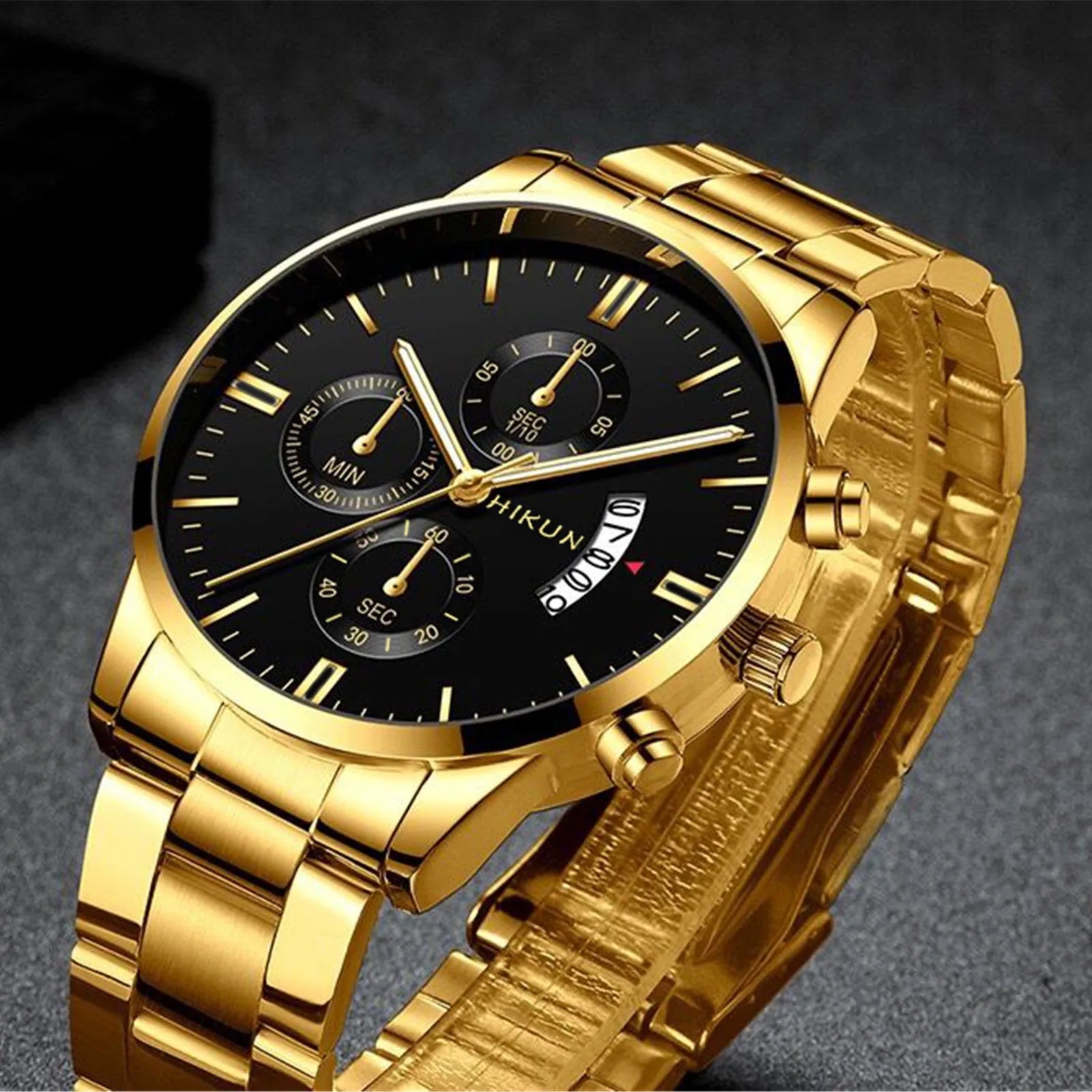 Montre homme de luxe en acier inoxydable noir à quartz, montre-bracelet pour homme d'affaires avec calendrier, Reloj Hombre