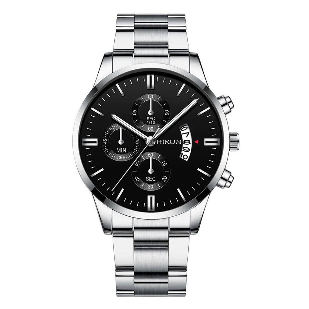 Montre homme de luxe en acier inoxydable noir à quartz, montre-bracelet pour homme d'affaires avec calendrier, Reloj Hombre