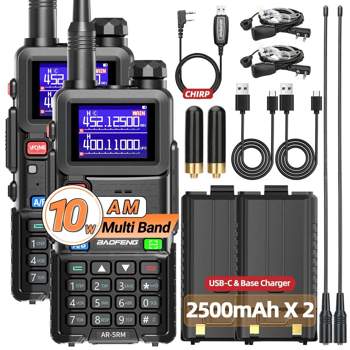 Lot de 2 talkies-walkies multibandes BAOFENG AR-5RM 10 W, copie de fréquence sans fil, chargeur USB-C, 999 canaux NOAA, compatibles avec les radios amateurs UV-5R et UV-5RH.
