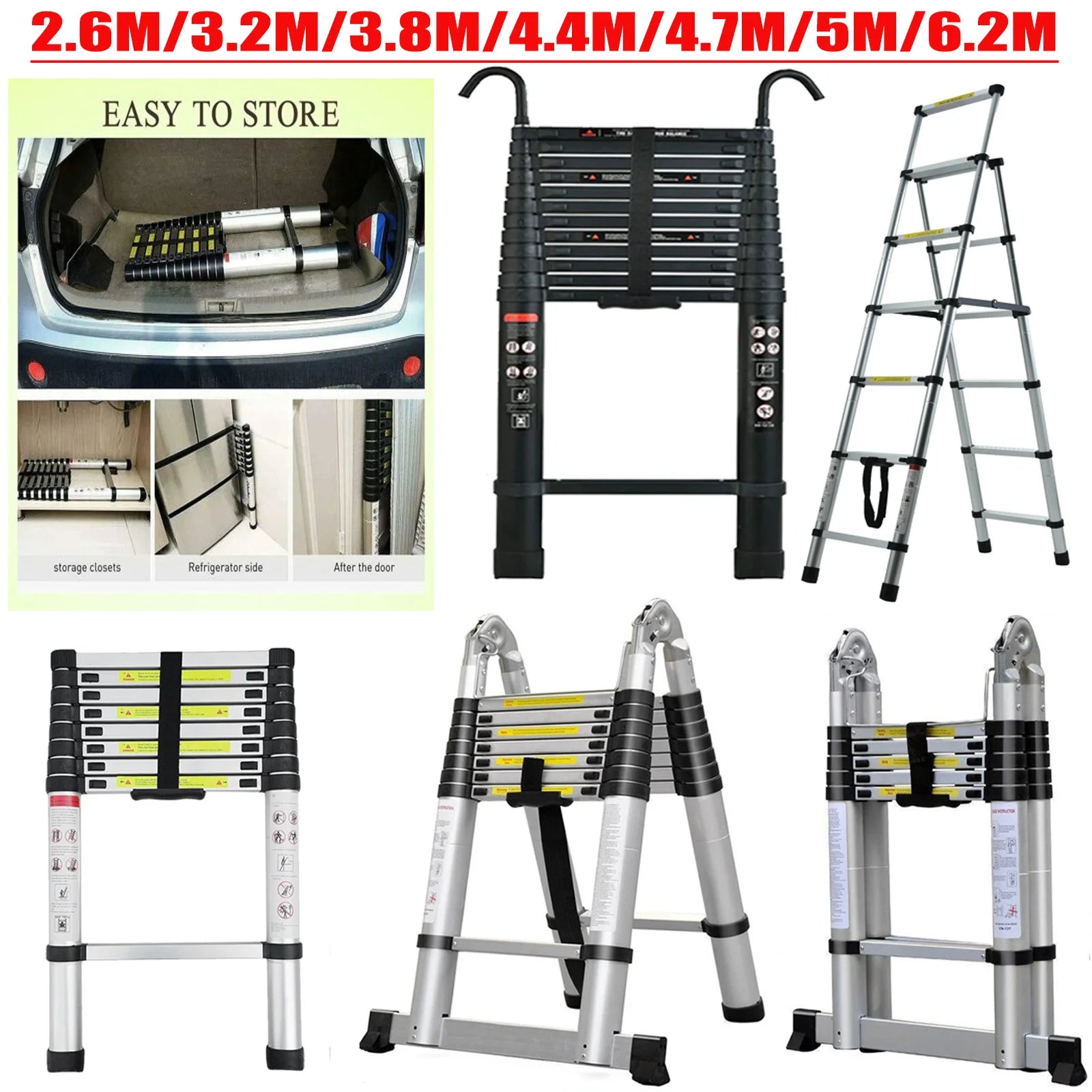 Échelle de grenier télescopique DayPlus, escabeau pliable et extensible en aluminium, portable, conforme à la norme EN131, capacité de 150 kg / 330 lb