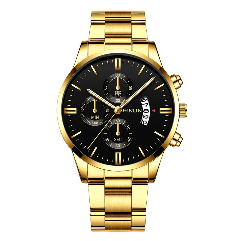 Montre homme de luxe en acier inoxydable noir à quartz, montre-bracelet pour homme d'affaires avec calendrier, Reloj Hombre