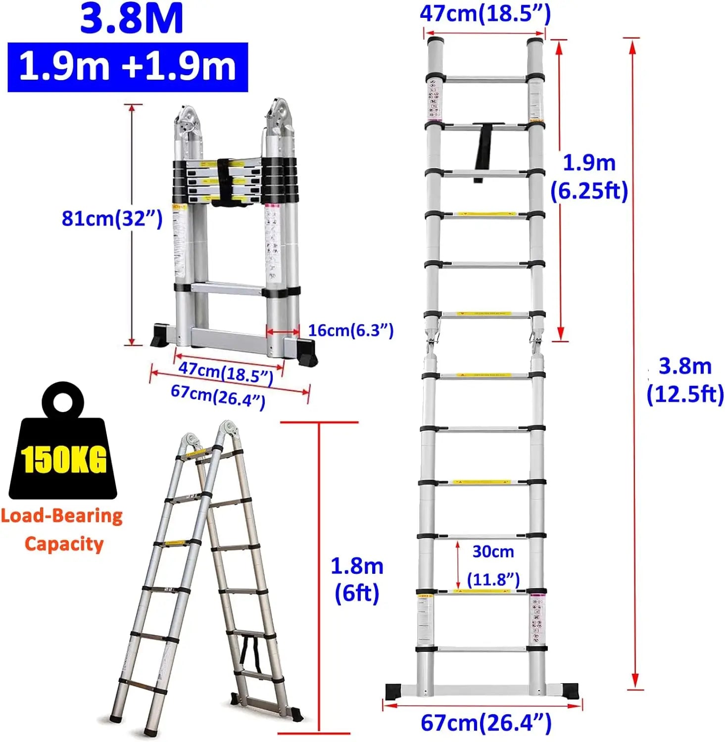 Échelle de grenier télescopique DayPlus, escabeau pliable et extensible en aluminium, portable, conforme à la norme EN131, capacité de 150 kg / 330 lb