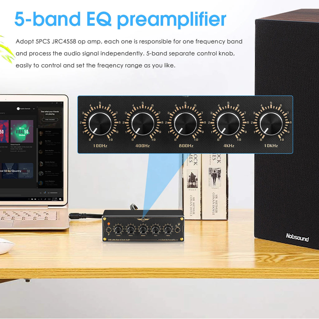 Préamplificateur audio stéréo Nobsound EQ5 2.0 canaux, micro-égaliseur analogique 5 bandes, processeur audio pour la maison ou la voiture