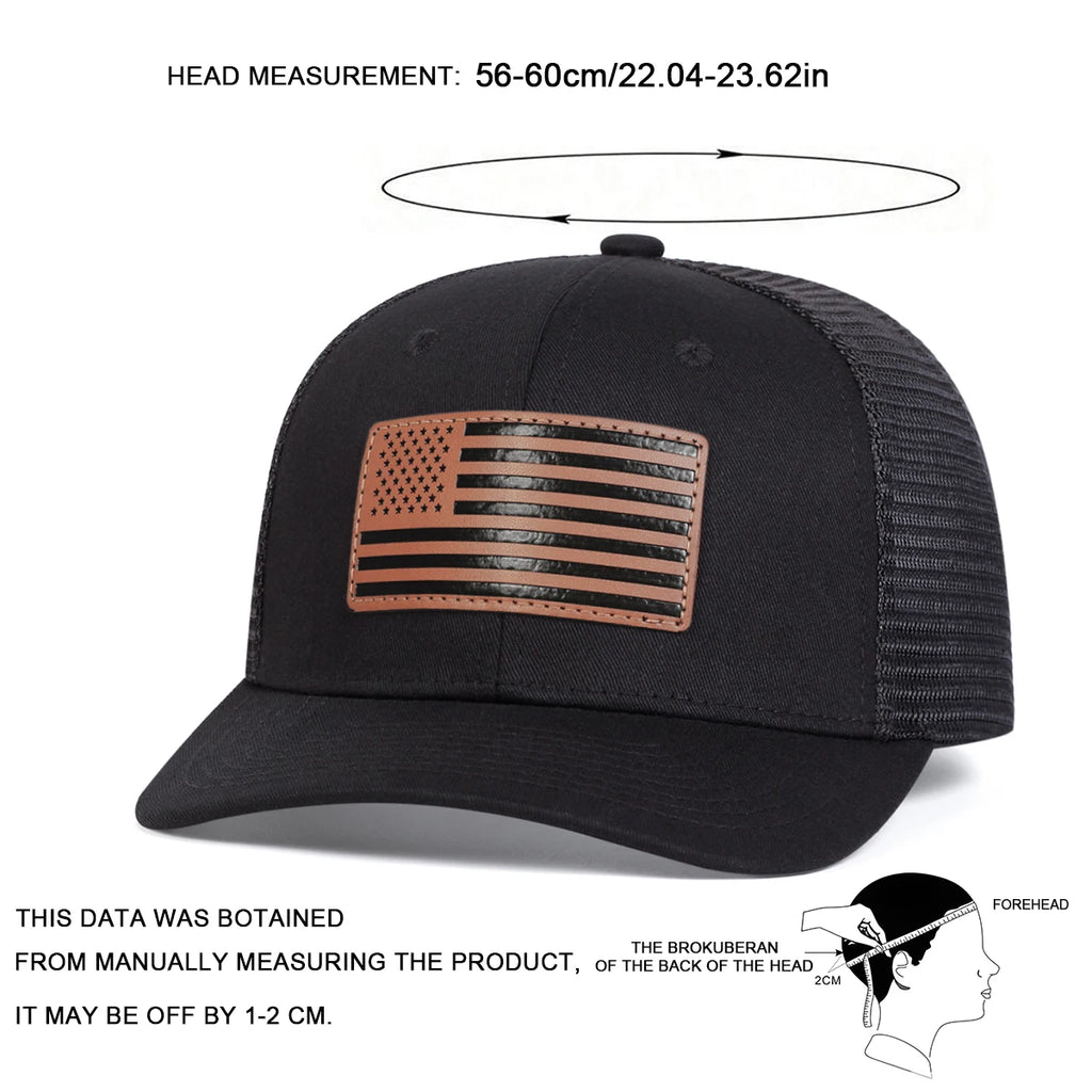 Casquette de baseball unisexe avec étiquette en cuir et drapeau américain, idéale pour le printemps et l'été. Ajustable et décontractée, elle offre une protection solaire optimale.