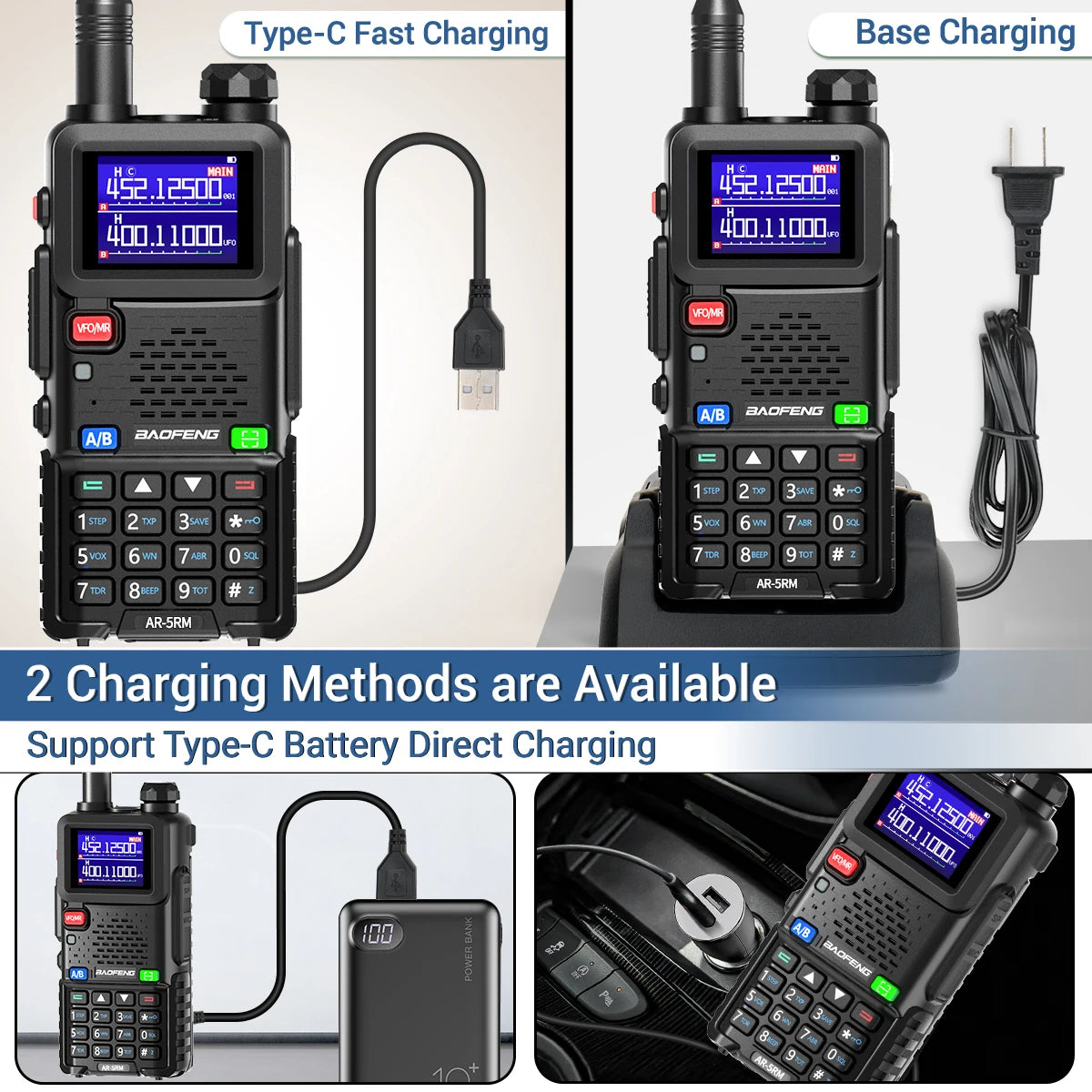Lot de 2 talkies-walkies multibandes BAOFENG AR-5RM 10 W, copie de fréquence sans fil, chargeur USB-C, 999 canaux NOAA, compatibles avec les radios amateurs UV-5R et UV-5RH.