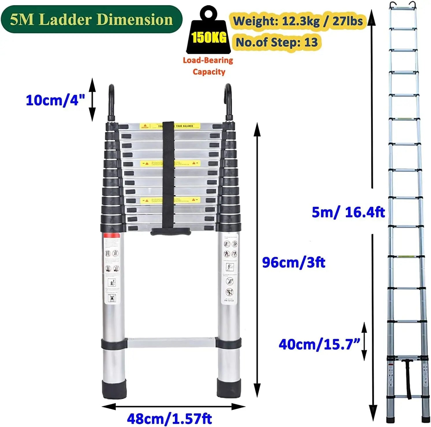 Échelle de grenier télescopique DayPlus, escabeau pliable et extensible en aluminium, portable, conforme à la norme EN131, capacité de 150 kg / 330 lb