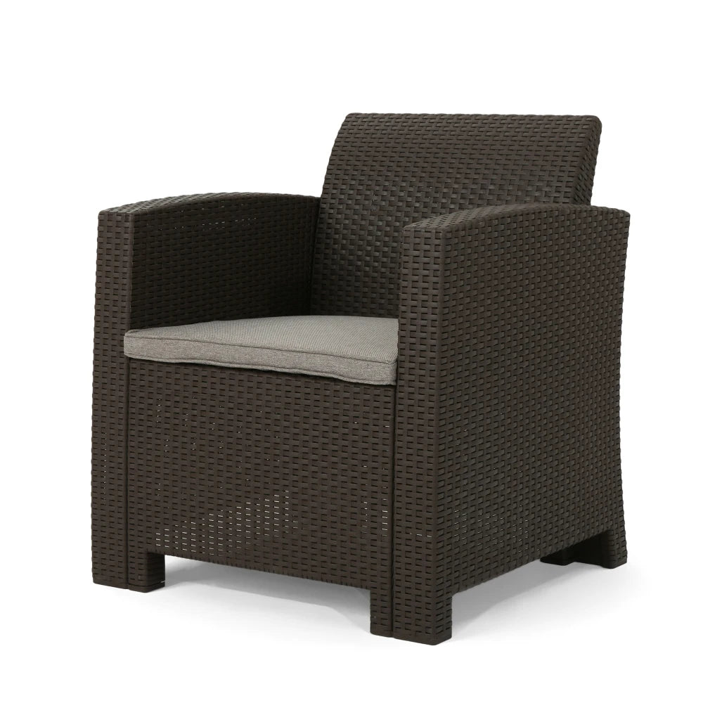 Fauteuils club d'extérieur en imitation osier marron avec coussins beiges résistants à l'eau