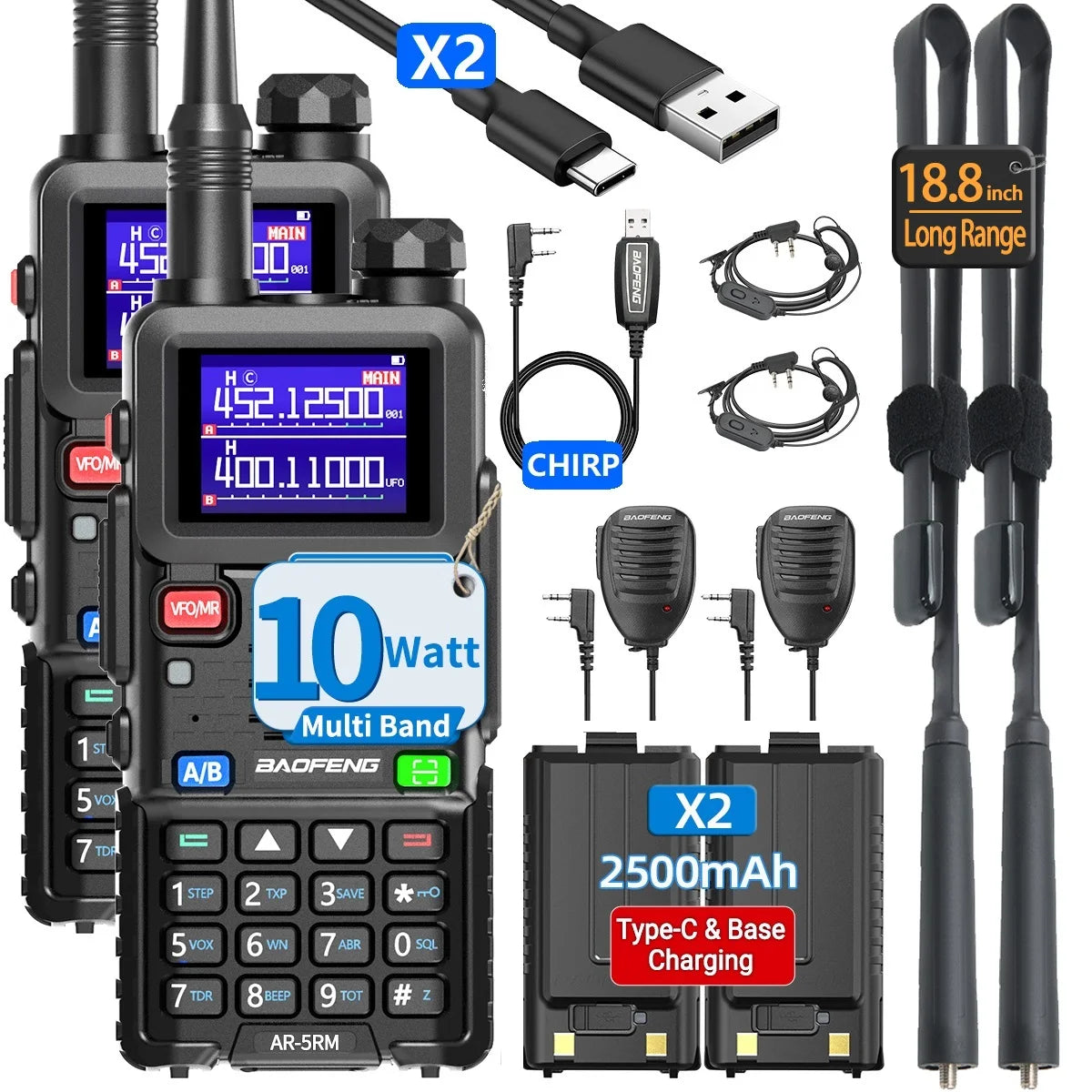 Lot de 2 talkies-walkies multibandes BAOFENG AR-5RM 10 W, copie de fréquence sans fil, chargeur USB-C, 999 canaux NOAA, compatibles avec les radios amateurs UV-5R et UV-5RH.