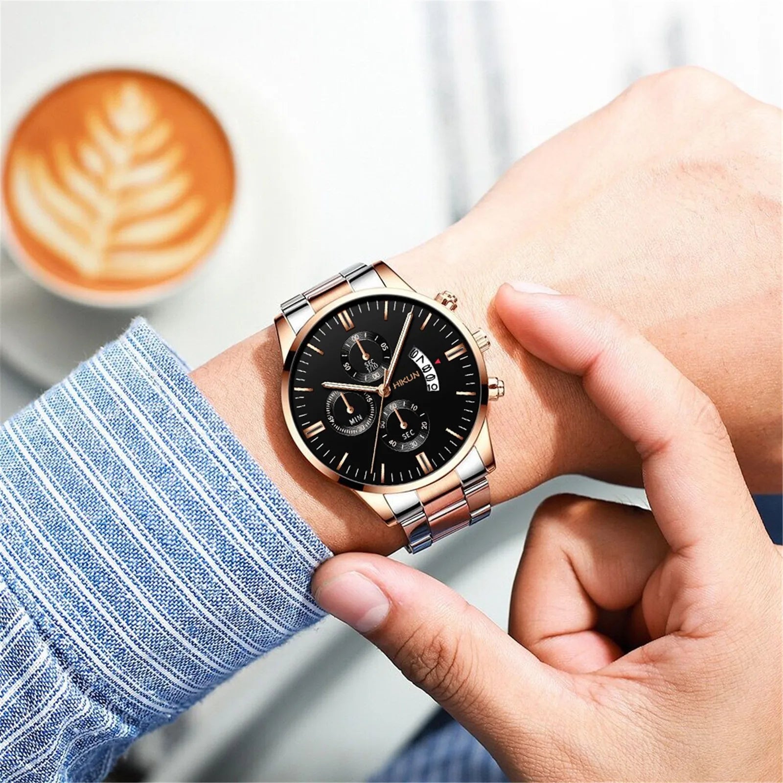 Montre homme de luxe en acier inoxydable noir à quartz, montre-bracelet pour homme d'affaires avec calendrier, Reloj Hombre