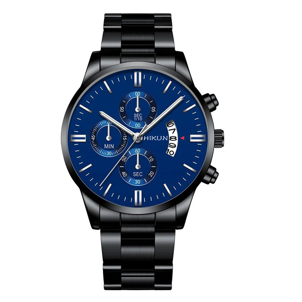 Montre homme de luxe en acier inoxydable noir à quartz, montre-bracelet pour homme d'affaires avec calendrier, Reloj Hombre