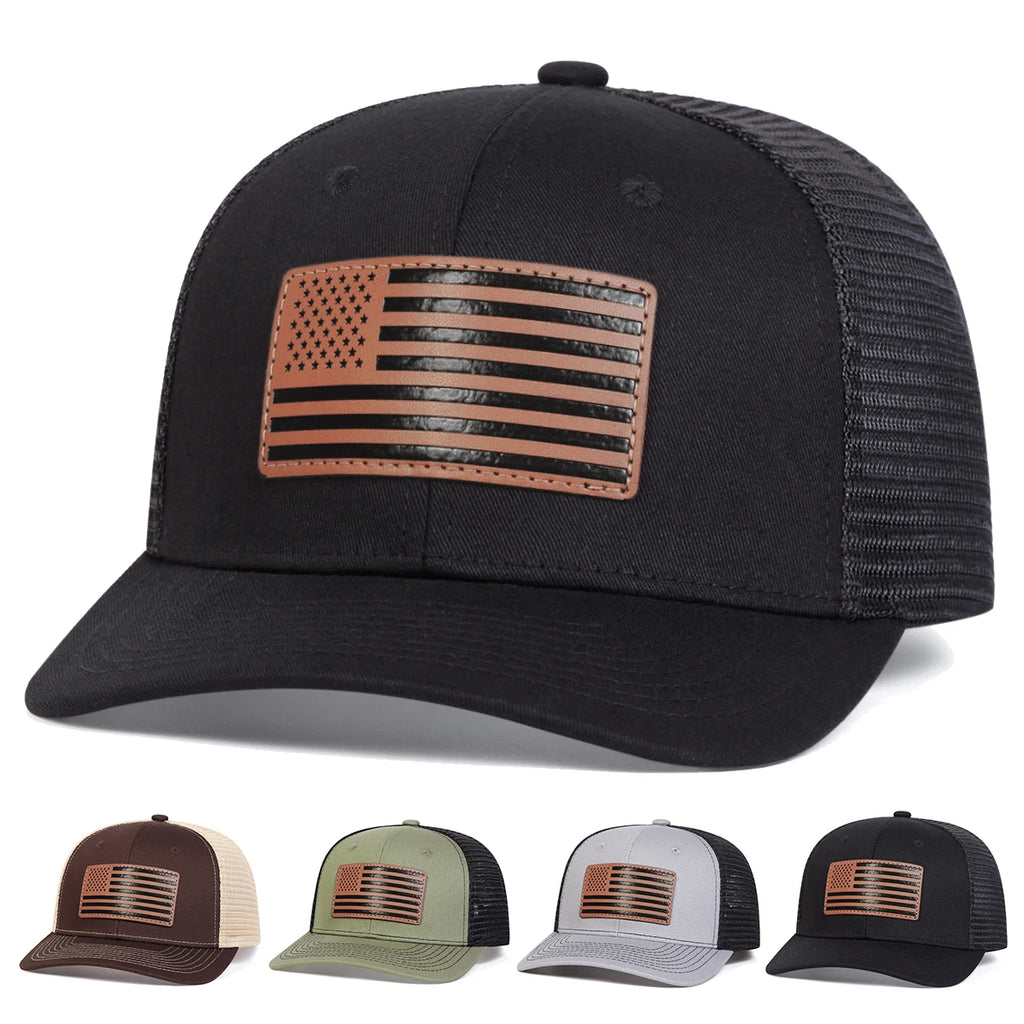 Casquette de baseball unisexe avec étiquette en cuir et drapeau américain, idéale pour le printemps et l'été. Ajustable et décontractée, elle offre une protection solaire optimale.