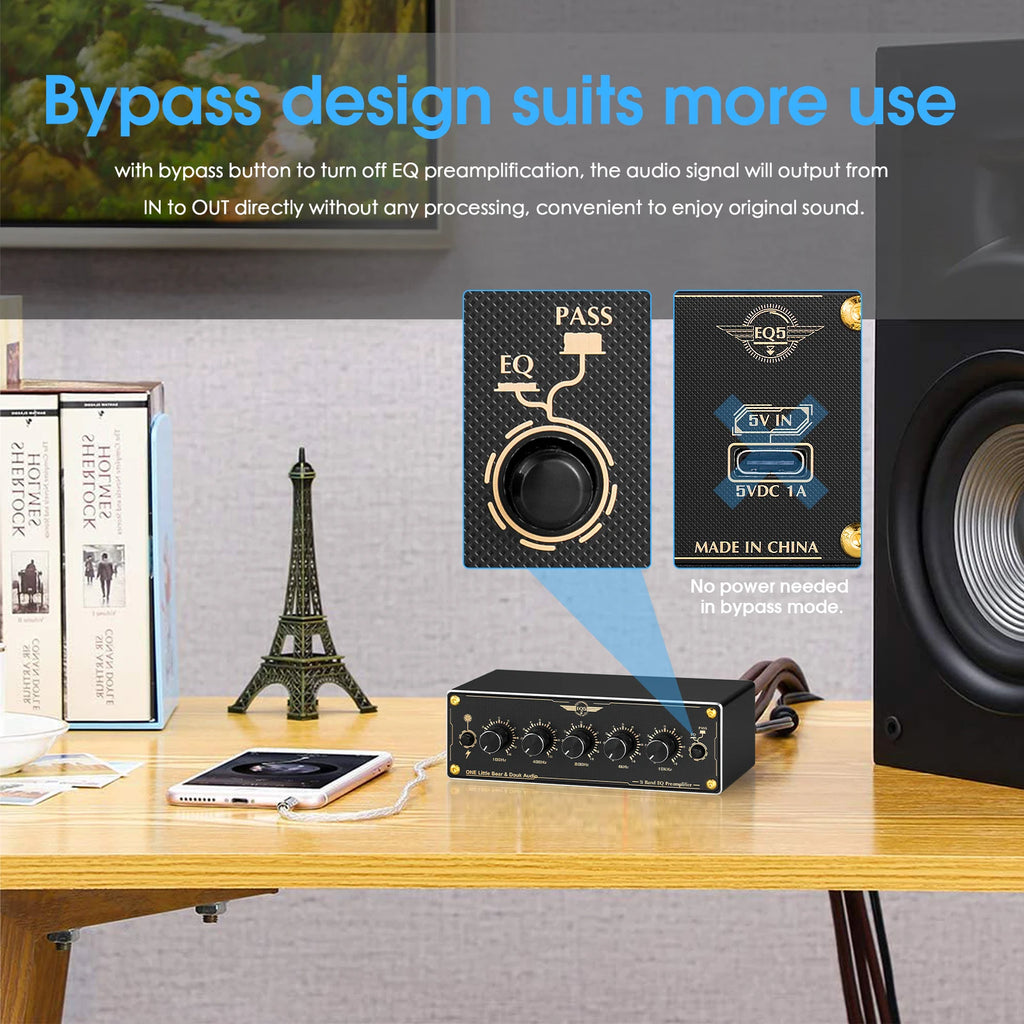 Préamplificateur audio stéréo Nobsound EQ5 2.0 canaux, micro-égaliseur analogique 5 bandes, processeur audio pour la maison ou la voiture